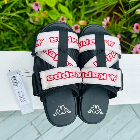 Kappa Logo Tape Kalpi Sandals Slides Black White 32167QW Size 5 unisex - Picture 1 of 6